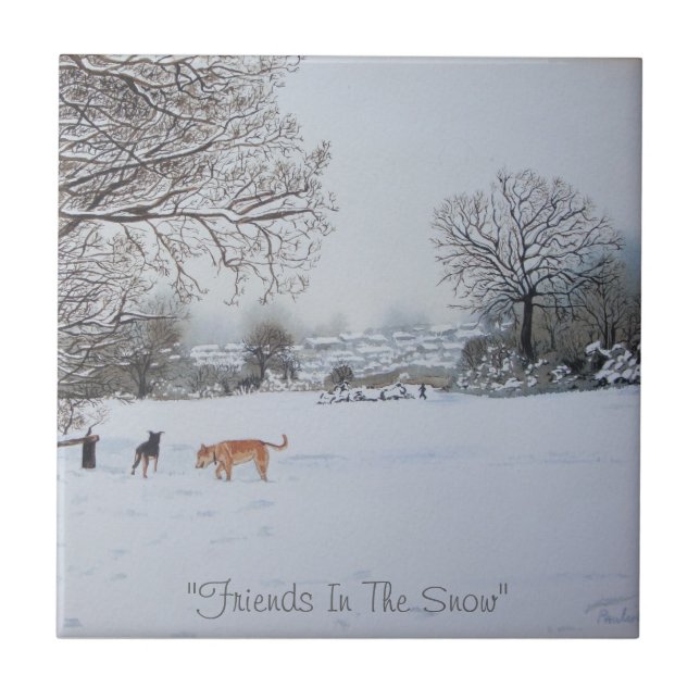 dogs playing winter snow scene landscape painting tile (Front)