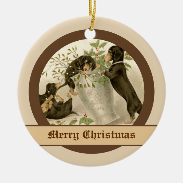 Dogs playing with Christmas mistletoe & holy berry Ceramic Tree Decoration (Front)