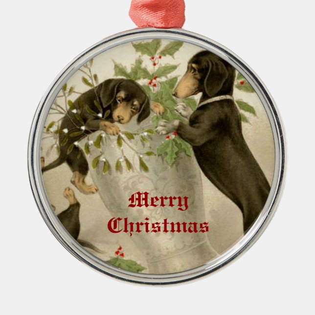 Dogs playing with Christmas mistletoe & holy berry Metal Tree Decoration (Front)