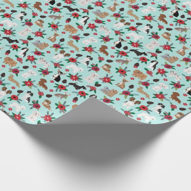 Dogs Poinsettias Christmas Floral Gift Wrap (Corner)
