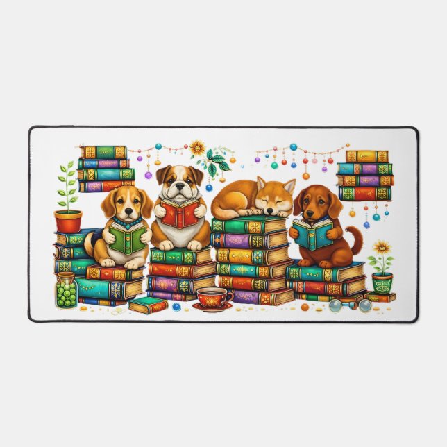 Dogs Reading Books Cozy Library Scene Desk Mat (Front)