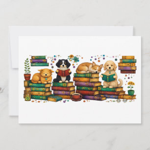 Dogs Reading Books Cozy Library Scene Invitation
