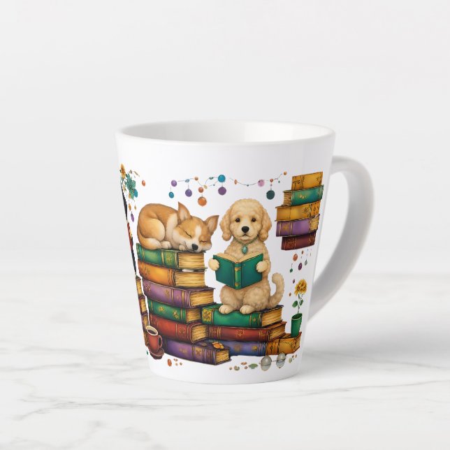 Dogs Reading Books Cozy Library Scene Latte Mug (Right Angle)