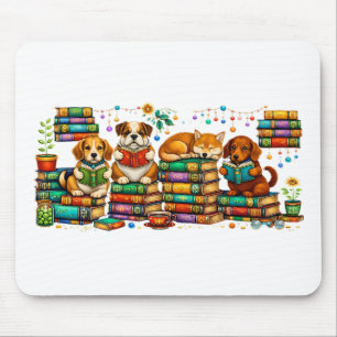 Dogs Reading Books Cozy Library Scene Mouse Pad