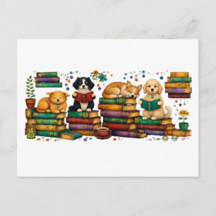 Dogs Reading Books Cozy Library Scene Postcard