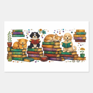 Dogs Reading Books Cozy Library Scene Rectangular Sticker
