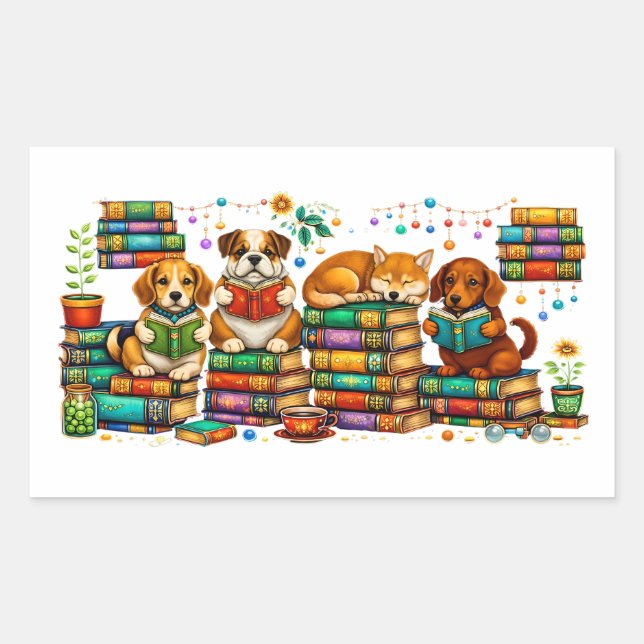 Dogs Reading Books Cozy Library Scene Rectangular Sticker (Front)