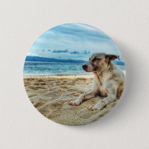 Dog's Relaxing Day at the Beach, Ocean Sand & Sun 6 Cm Round Badge