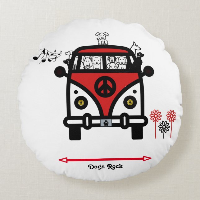 Dogs Rock Hippie Bus Round Pillow (Front)
