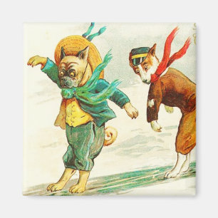 Dogs Sliding on Ice Vintage Magnet