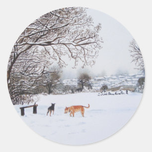 dogs snow scene landscape with trees painting classic round sticker