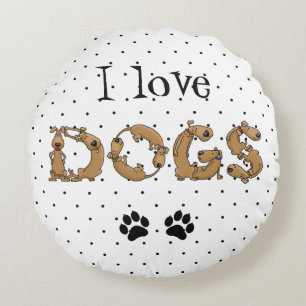 DOGS Spelled in Funny Cute Dog Letters Round Cushion