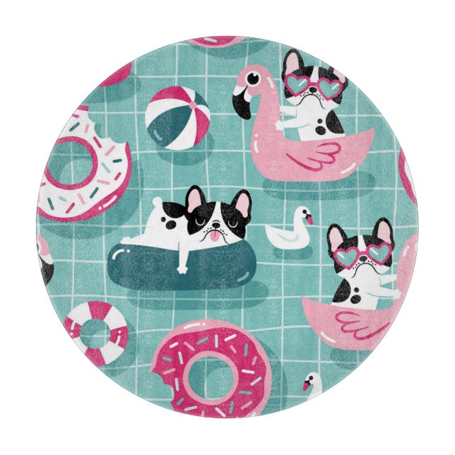 Dogs with pool floats, vintage pattern. cutting board (Front)