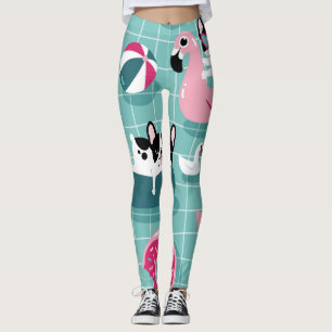 Dogs with pool floats, vintage pattern. leggings