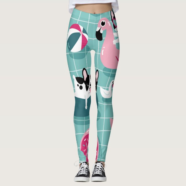 Dogs with pool floats, vintage pattern. leggings (Front)