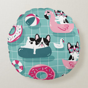 Dogs with pool floats, vintage pattern. round cushion
