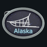 Dogsled Belt Buckles<br><div class="desc">A white silhouette of a dogsled on a starfield background. Text reading "Alaska" appears in glowing blue and white.</div>