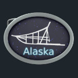 Dogsled Belt Buckles<br><div class="desc">A white silhouette of a dogsled on a starfield background. Text reading "Alaska" appears in glowing blue and white.</div>