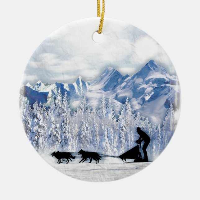 Dogsledding Ceramic Tree Decoration (Front)