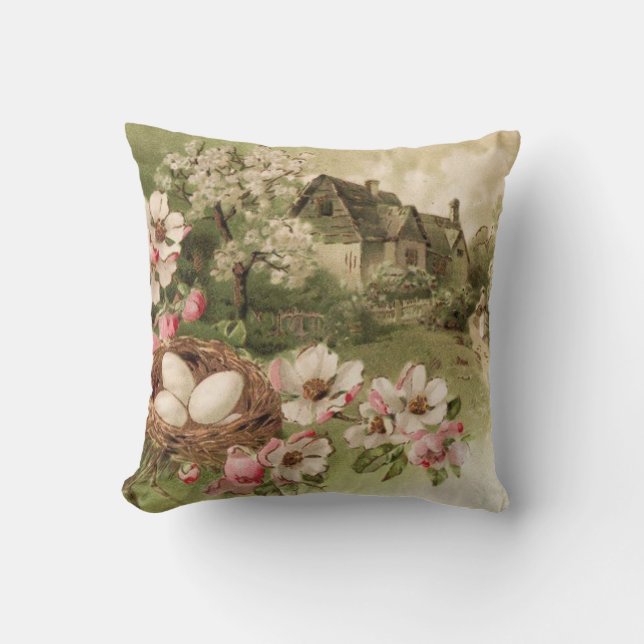 Dogwood Tree Bird Nest Egg Cottage Cushion (Front)
