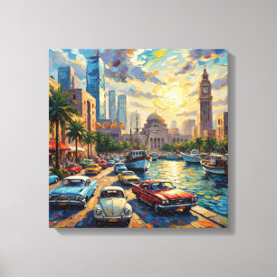 Doha Qatar Corniche Vintage Cars Stretched Canvas Print