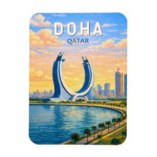 Doha Qatar Illustration Travel Art Vintage Magnet