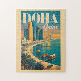 Doha Qatar Skyline Illustration Travel Art Vintage Jigsaw Puzzle