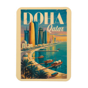 Doha Qatar Skyline Illustration Travel Art Vintage Magnet