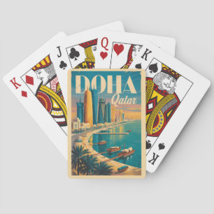 Doha Qatar Skyline Illustration Travel Art Vintage Playing Cards