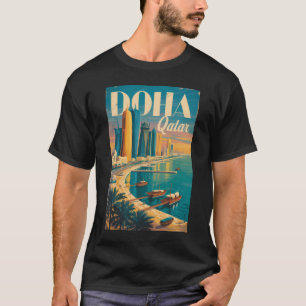 Doha Qatar Skyline Illustration Travel Art Vintage T-Shirt