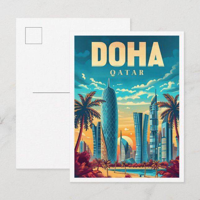 Doha Qatar Vintage Art Travel Illustration Postcard (Front/Back)