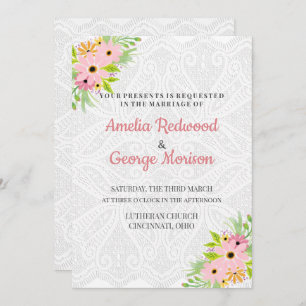 Doily And Watercolor Flowers Wedding Invitation