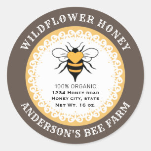Doily lace vintage bee logo honey jar classic round sticker