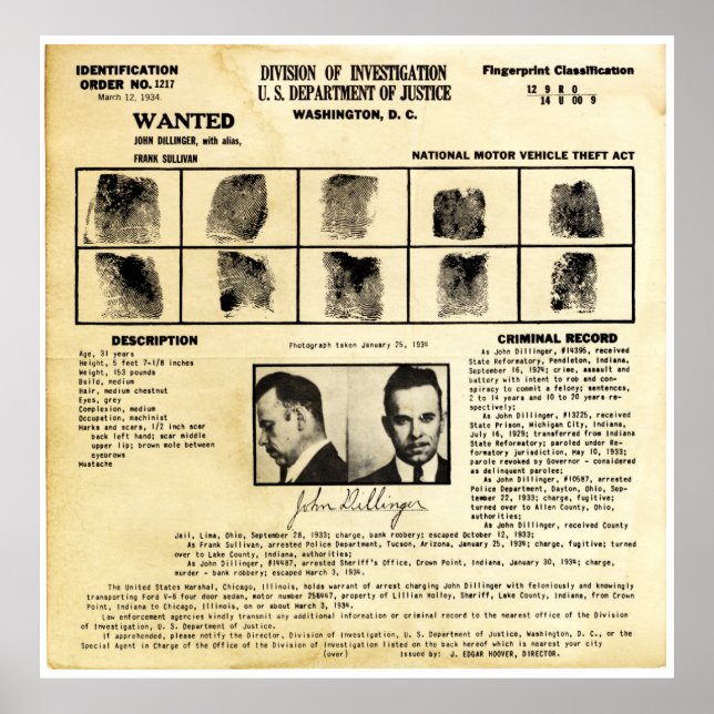 DOJ Identifcation order 1217 John Dillinger Poster (Front)