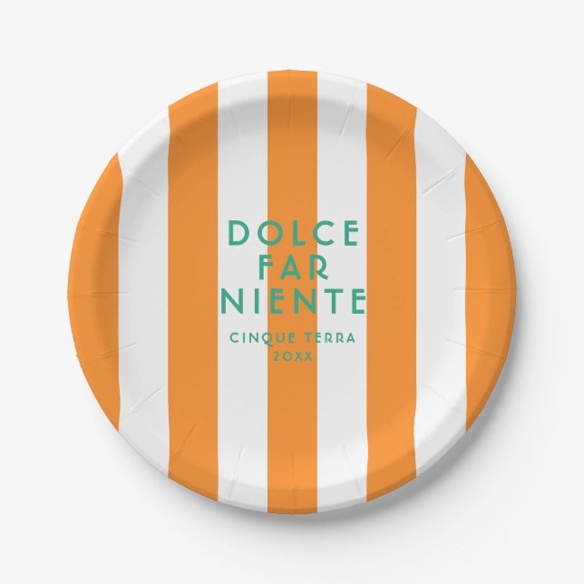 Dolce Far Niente Cinque Terra Orange Cabana Stripe Paper Plate (Front)