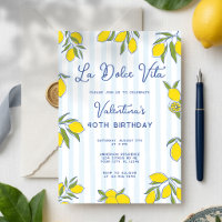 Dolce Vita Hand Drawn Lemons Blue Stripes Birthday