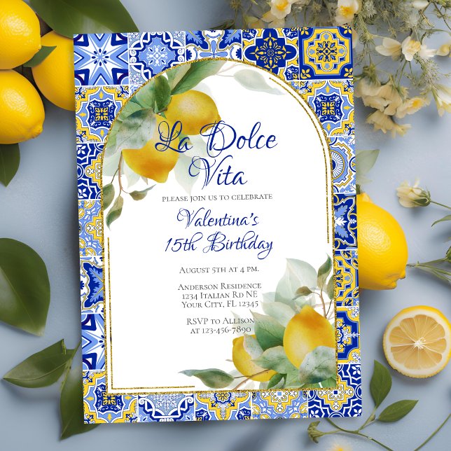Dolce Vita Italian Blue Gold Tiles Lemons Birthday Invitation (Creator Uploaded)