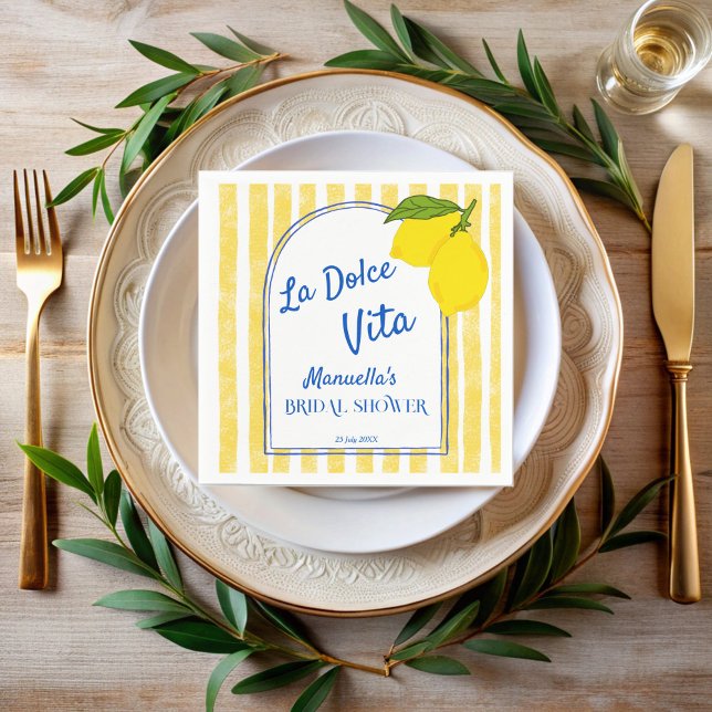 Dolce vita yellow Lemons Italian bridal shower Napkin (Dolce vita retro yellow stripes Lemons vintage Italian bridal shower monogrammed Napkins )