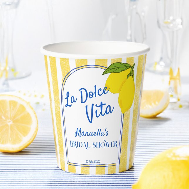 Dolce vita yellow Lemons Italian bridal shower Paper Cups (Dolce vita yellow stripes Lemons Italian bridal shower monogrammed Paper Cups personalized decor)