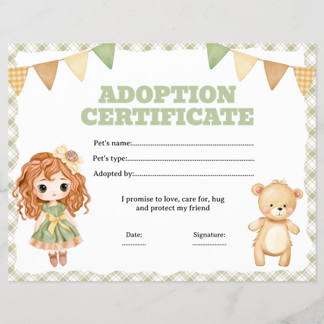 Doll and bear adoption certificate editable flyer (Front)
