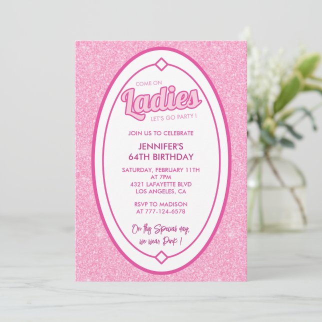 Doll Blush Pink Glitter 64th birthday invitation  (Standing Front)
