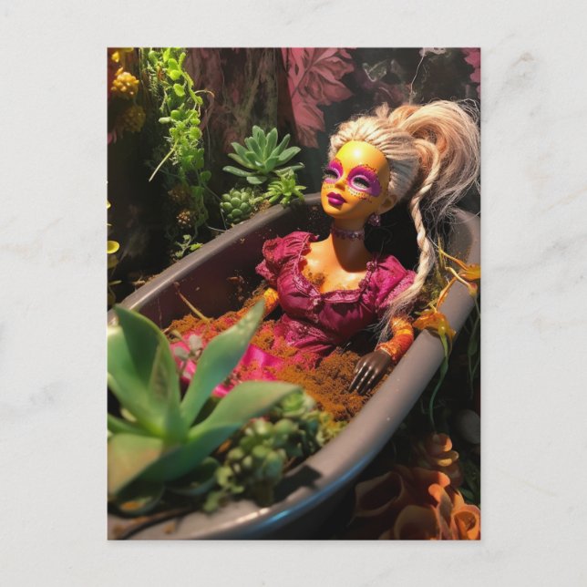 Doll in a Bathtub of Plants Fun Garden Art Postcard (Front)