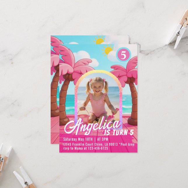 Doll Pink Fashion Beach Birthday Invitation (Front/Back In Situ)