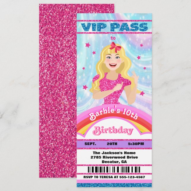 Doll Pink Glitter Movie Star VIP tickets Birthday Invitation (Front/Back)