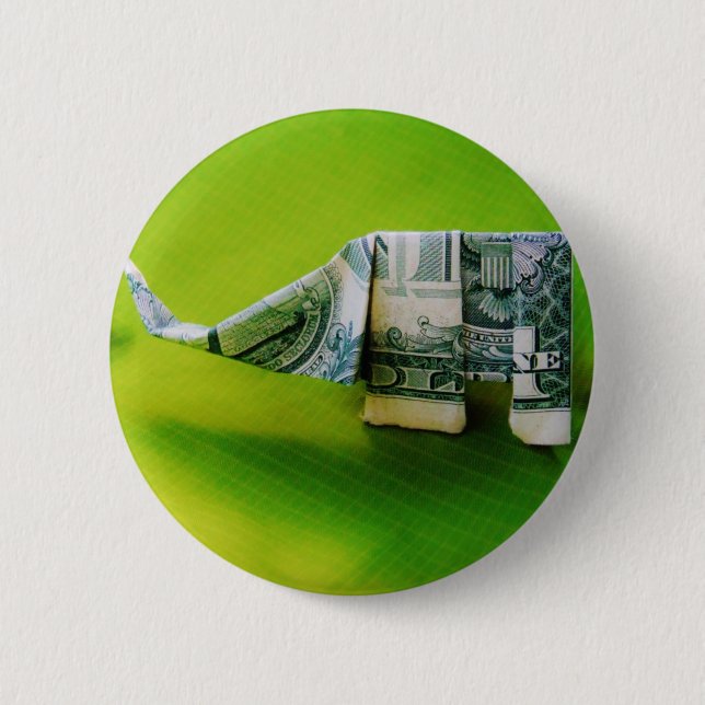 Dollar bill origami Elephant on Green background 6 Cm Round Badge (Front)