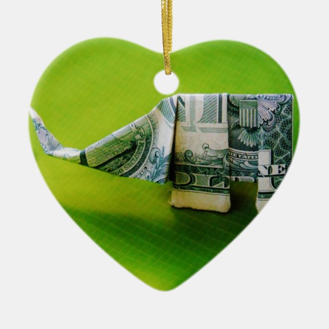 Dollar bill origami Elephant on Green background Ceramic Tree Decoration (Front)
