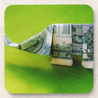 Dollar bill origami Elephant on Green background Coaster