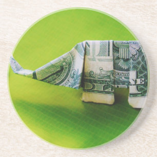 Dollar bill origami Elephant on Green background Coaster