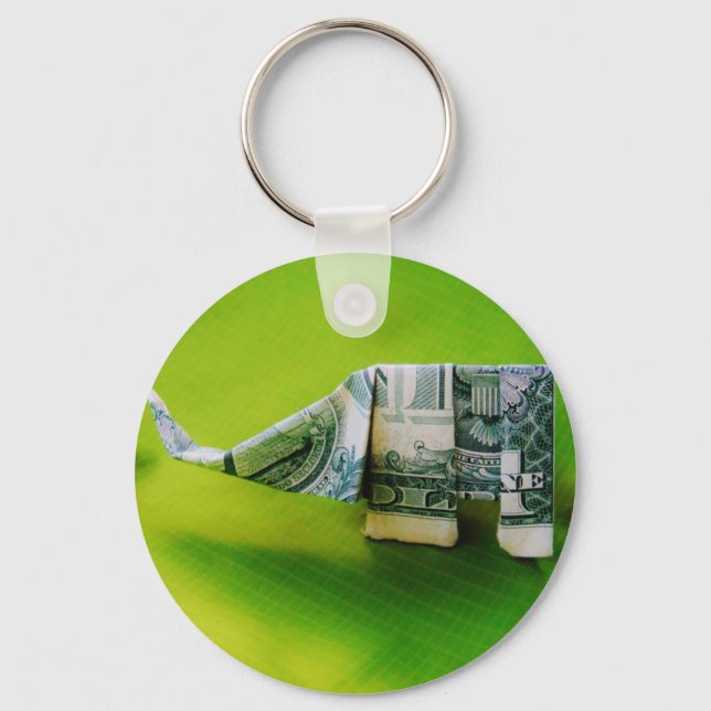 Dollar bill origami Elephant on Green background Key Ring (Front)
