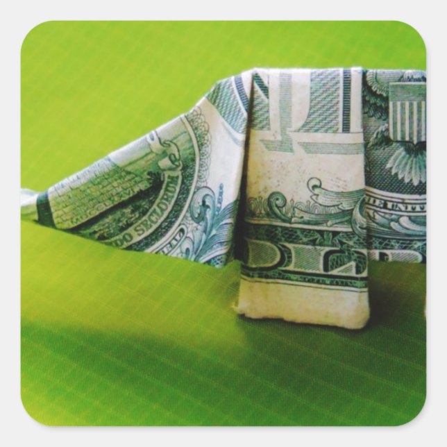 Dollar bill origami Elephant on Green background Square Sticker (Front)